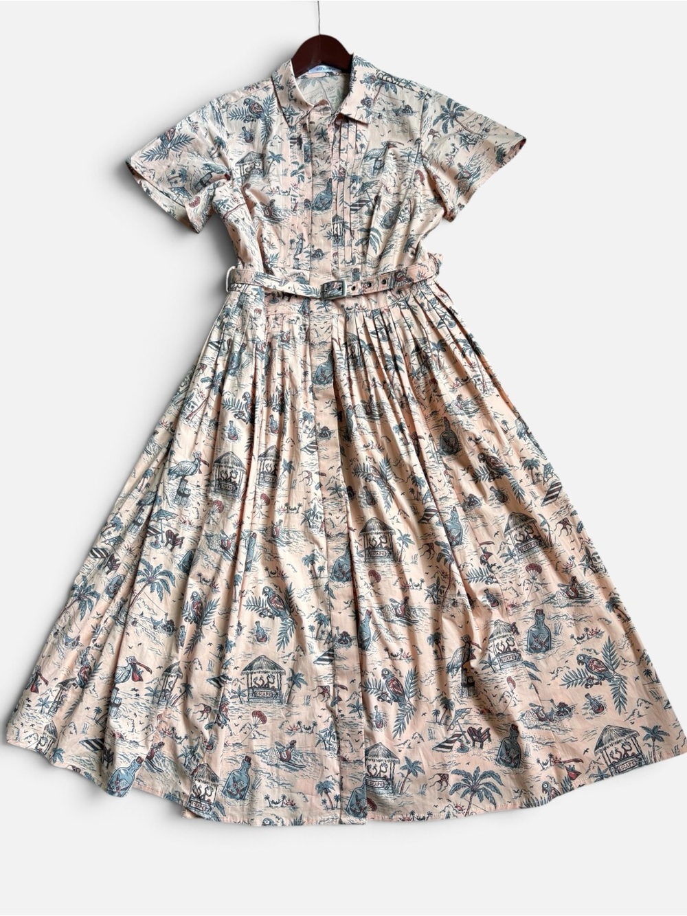 eShakti Vintage Inspired Toile Print Midi Shirt Dress with Belt - Size Medium
